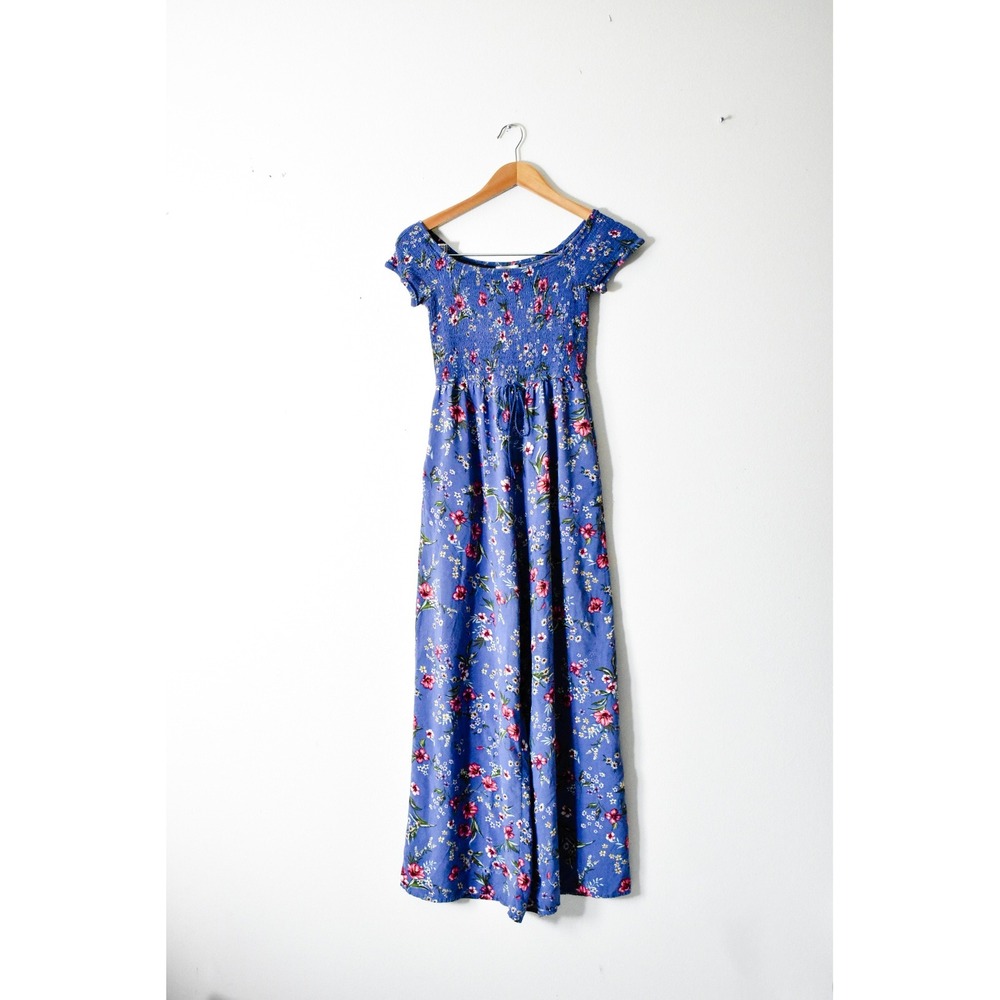 World of Gypsies Jumpsuit Womens Medium Blue Excellent Floral Smocked Wide Leg